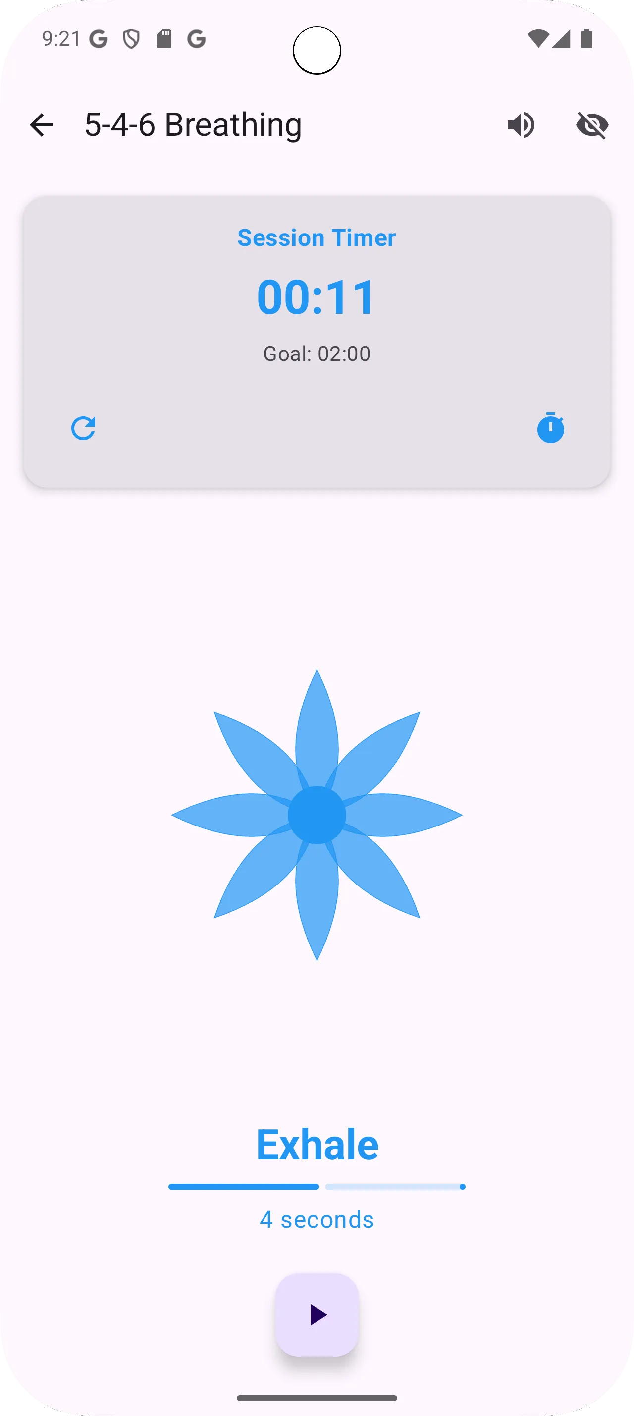 Schermata dell'app con schema respiratorio 5-4-6