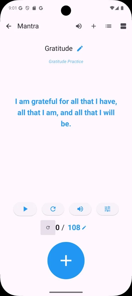 App Mantra Breath su un telefono: pratica di gratitudine con un mantra personalizzato, contatore che mostra 0 di 108 ripetizioni, e grande pulsante tocca-per-contare