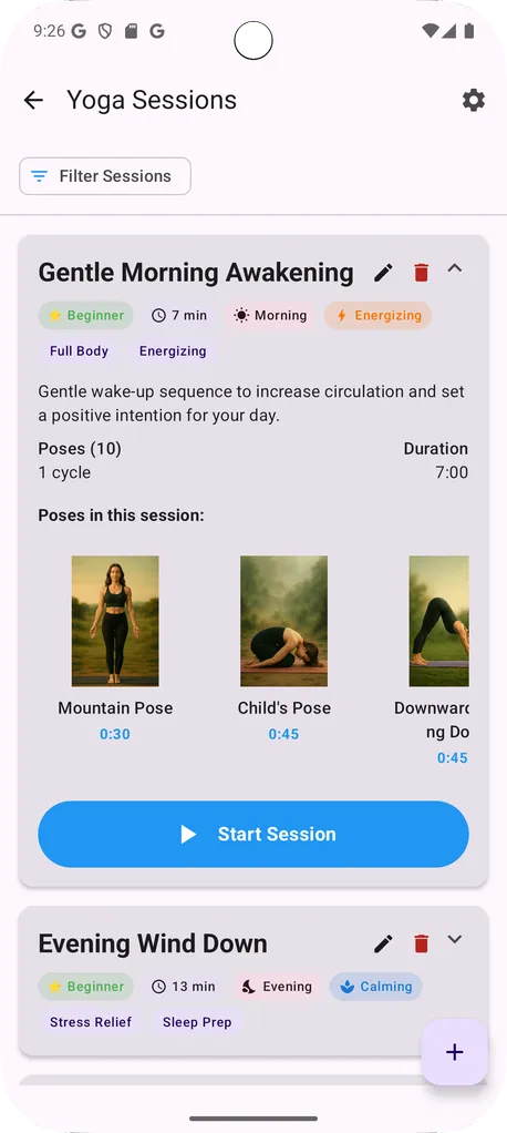 Schermata di anteprima della libreria di posizioni yoga